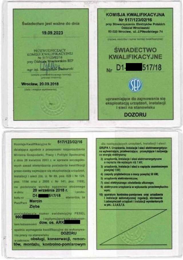 certyfikat-dozoru-elektrycznego-elektryk-klodzko